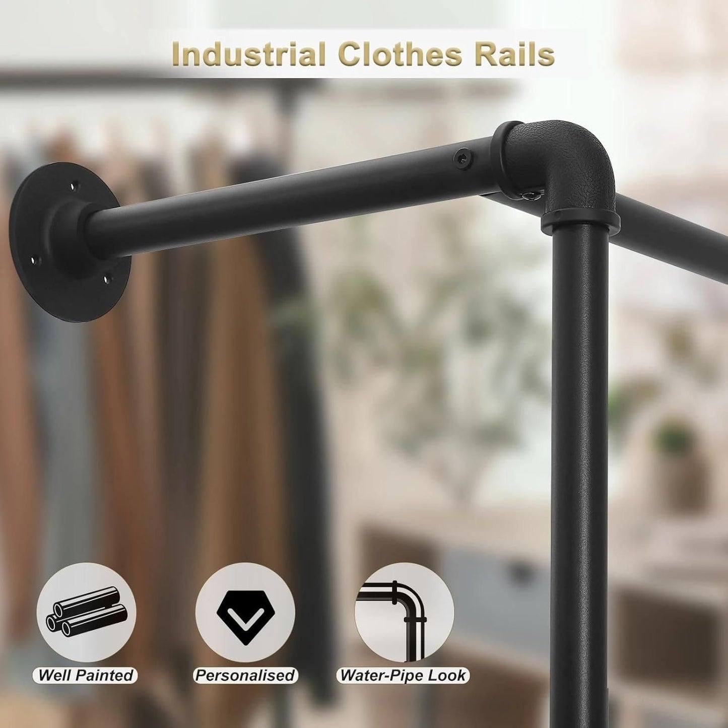 Garderobe industrial style Schwarz | Kleiderständer Wand schmal | Metall-Kleiderstange stabil und platzsparend