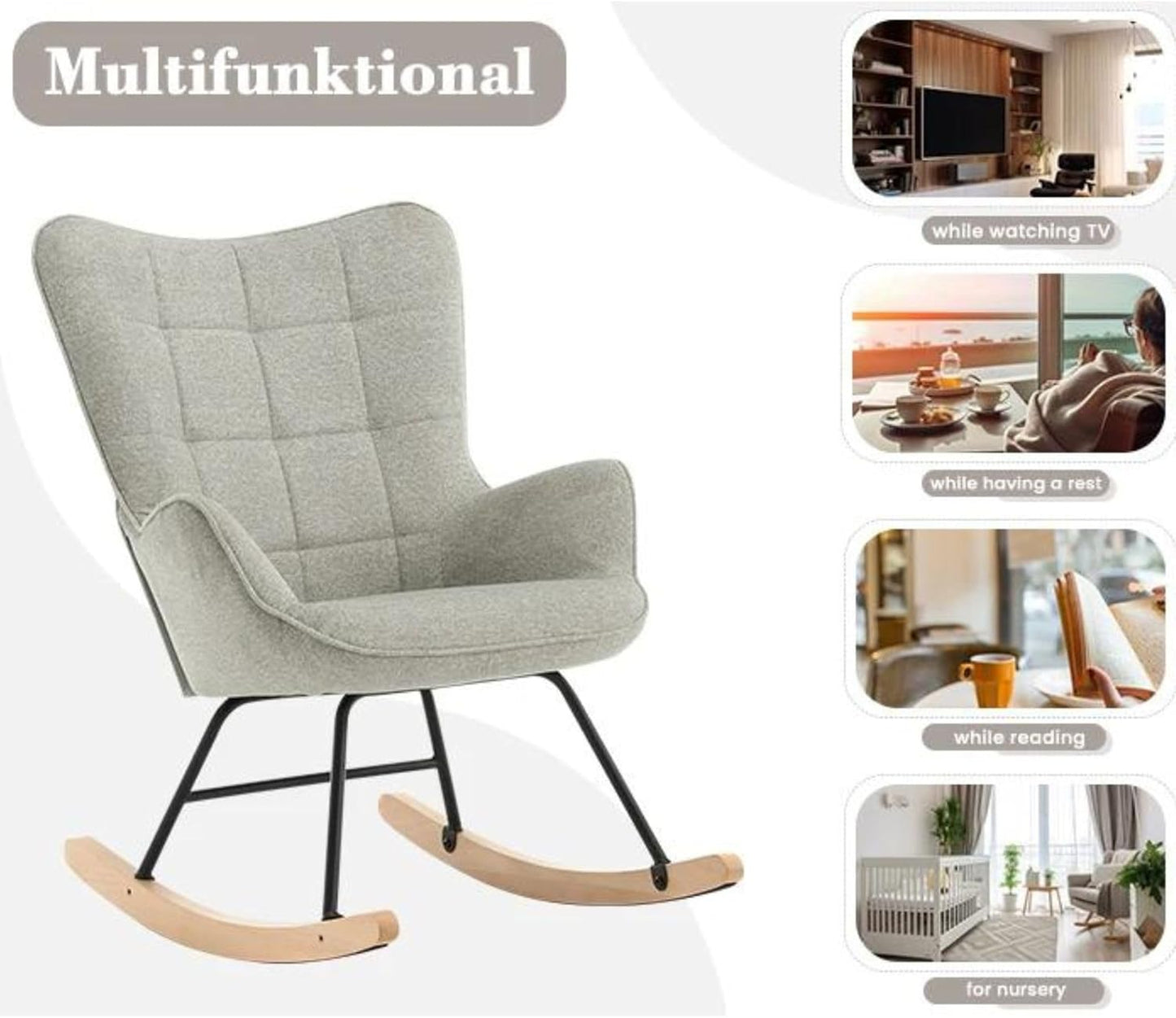 Luxus Schaukelstuhl modern grau | Wohnzimmer Schaukelsessel Stuhl 150 kg | Auch als Stillsessel geeignet