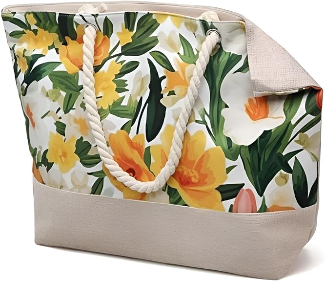 Premium Handtasche Strand Damen mit Reißverschluss | Strandtasche klein/mittelgroß verschiedene Motive | Große Tasche für Familie | Urlaubstasche (Gelbe Blumen)