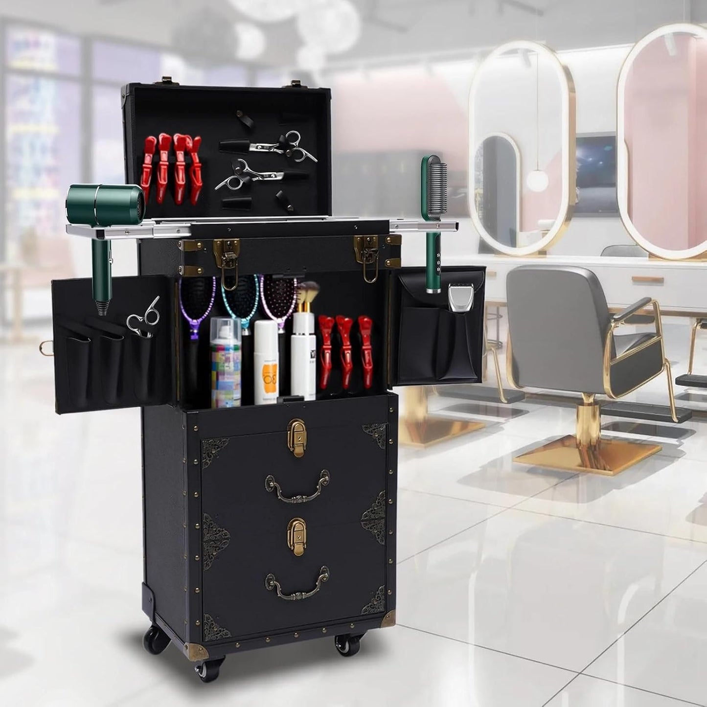 Premium Kosmetik Trolley XXL mit Schubladen | Kosmetikkoffer Trolley groß abschließbar | Reise-Koffer mit Rollen in Schwarz
