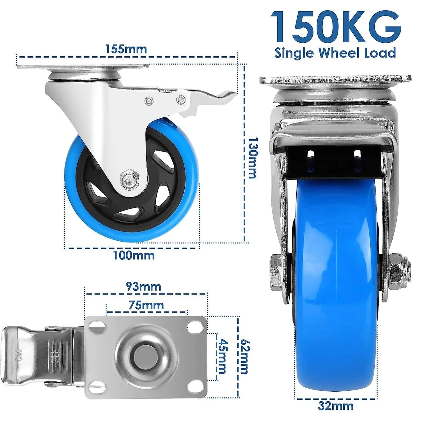 Premium Transportrollen 100mm mit Bremse | Möbel-Transporthilfe Gummi | Möbelrollen 4 Stück