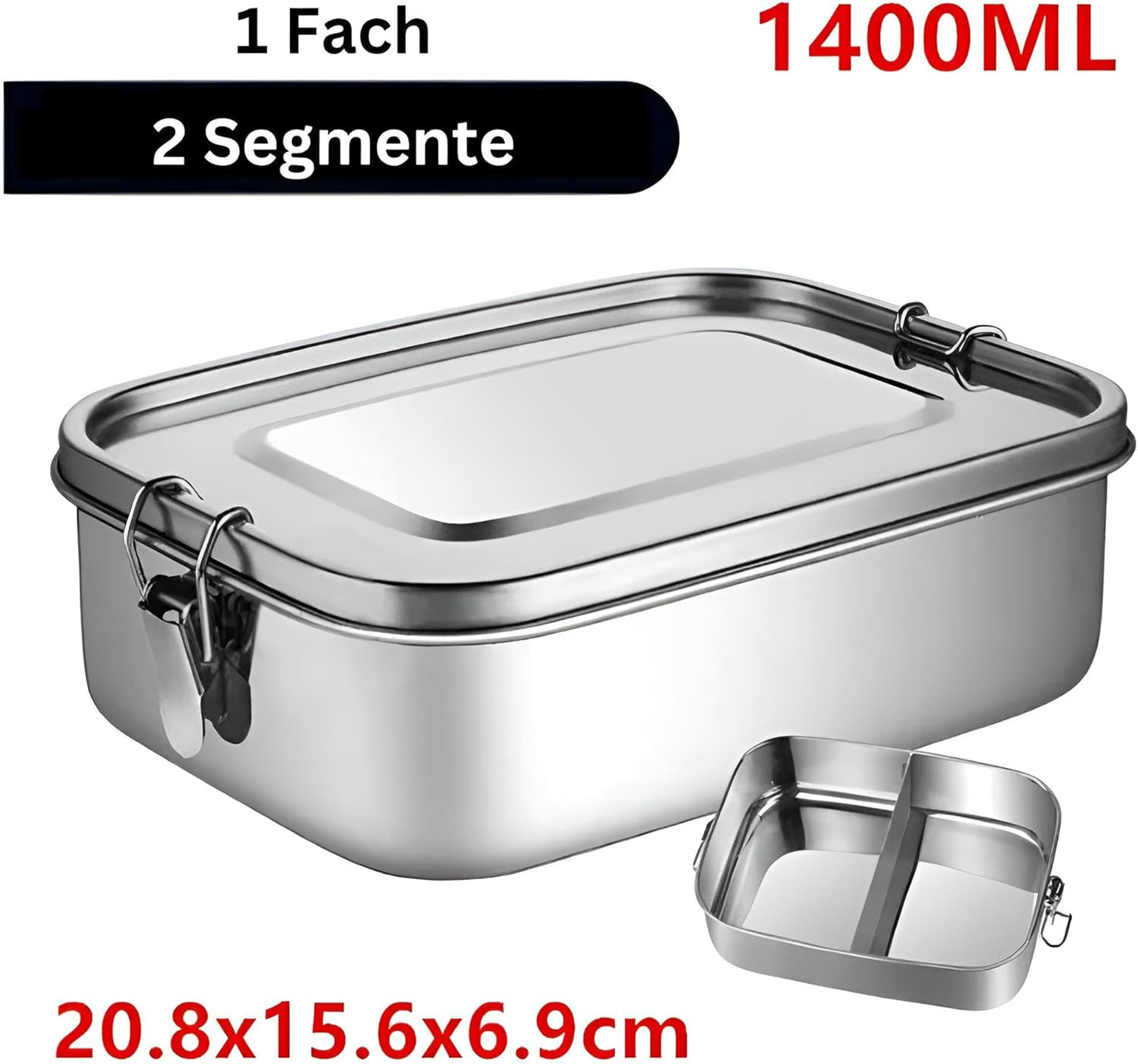 Premium Lunchbox aus Edelstahl für Erwachsene & Kinder | Brotdose groß mit Fächern | Essensbox, Essensbehälter auslaufsicher to go (1 Fach)