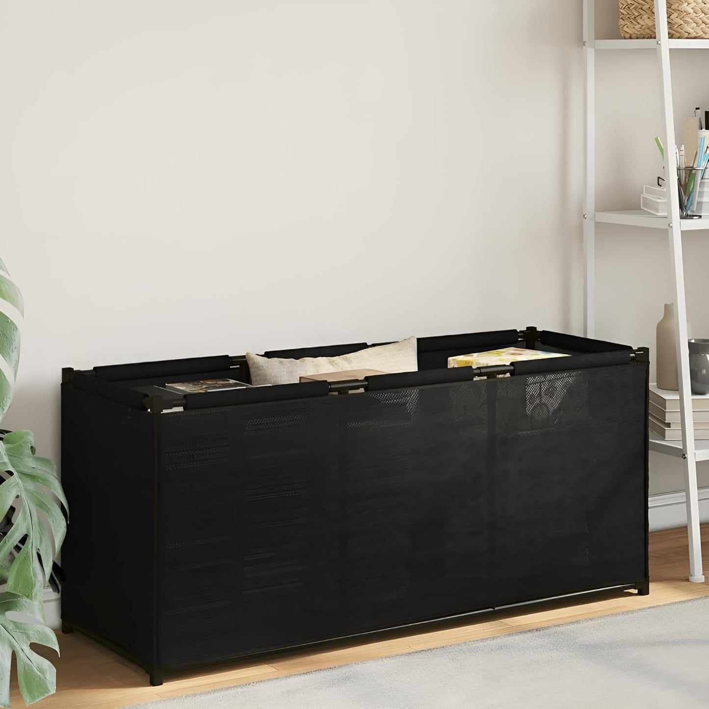 Polster Aufbewahrungsbox indoor | Stauraum-Box, Kissenbox, Stoff-Truhe | Kiste Schwarz aus Vlies-Stoff & Metall für drinnen