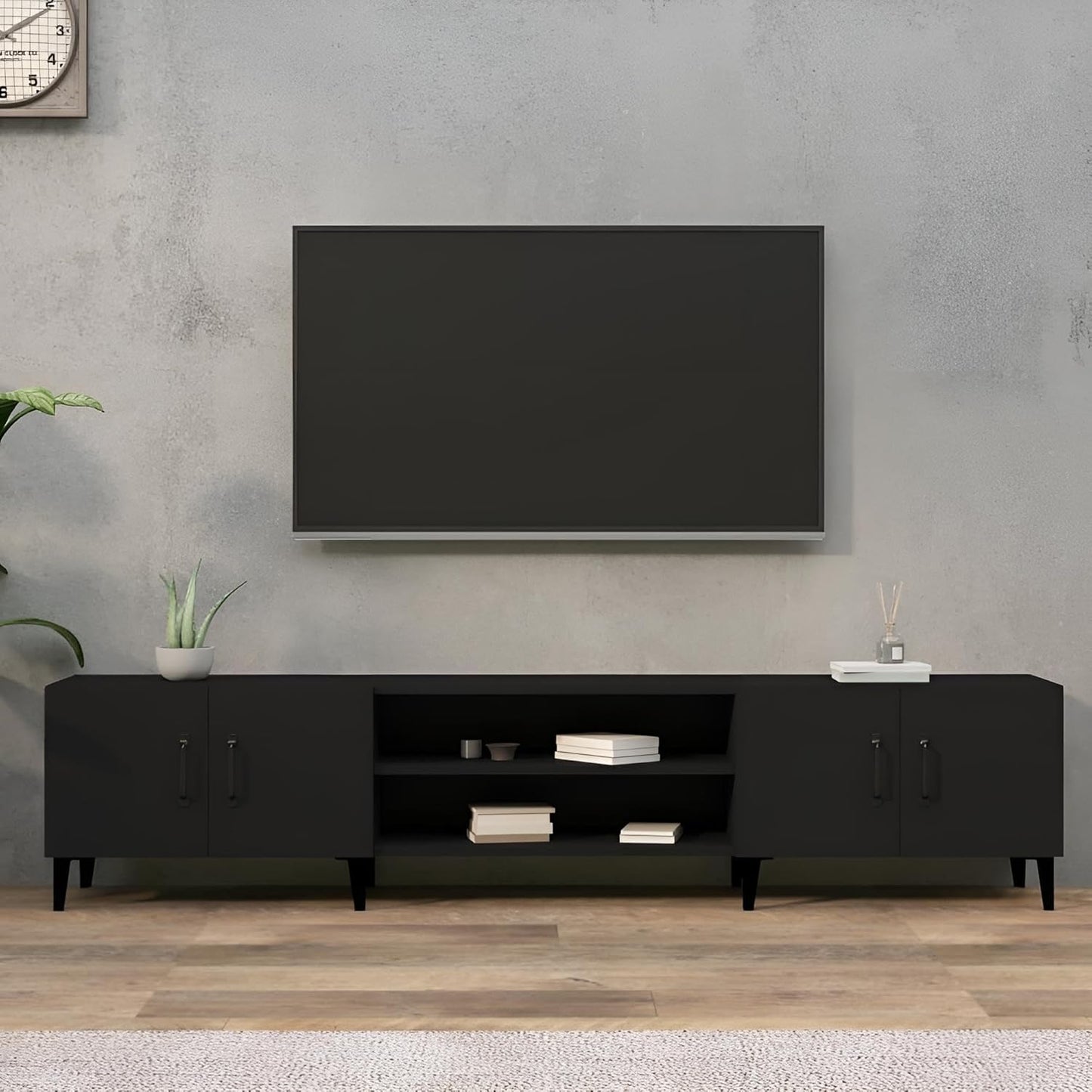 TV Schrank Weiß oder Schwarz 180 cm lang | Fernsehschrank aus Holz | Fernsehtisch & TV Lowboard schmal mit Fächern & Türen (Schwarz)