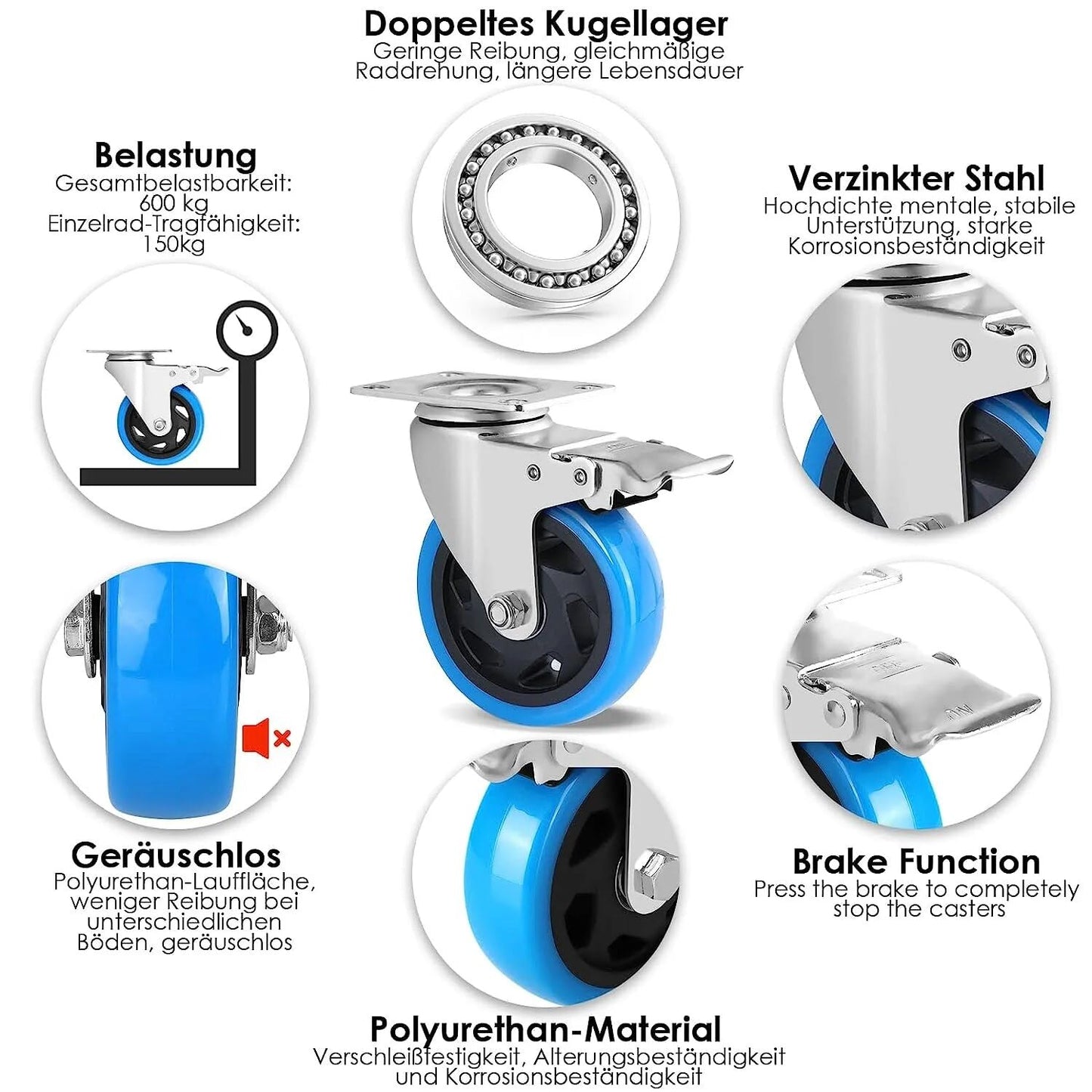 Premium Transportrollen 100mm mit Bremse | Möbel-Transporthilfe Gummi | Möbelrollen 4 Stück