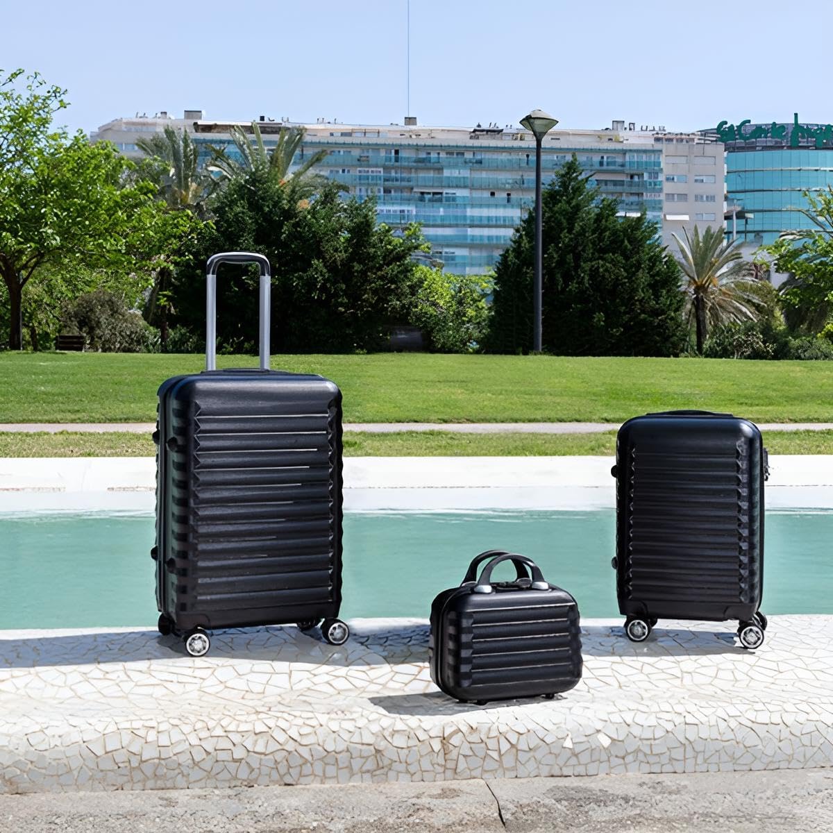 Koffer & Trolleys Set mit 4 Rollen | Hartschalen-Koffer, Kofferset, Reisekoffer 5 kg, 13 kg & 18 kg | ABS-Koffer klein, mittelgroß & groß in Schwarz