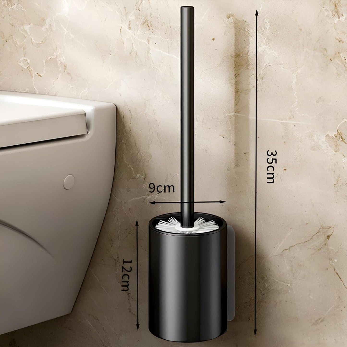 Premium Toilettenbürstenhalter Wandmontage ohne Bohren mit Bürste | WC-Bürstenhalter aus Aluminium für Wand | WC Garnitur Set zum Kleben in Schwarz/Weiß | Klobürste mit Halterung (Schwarz)