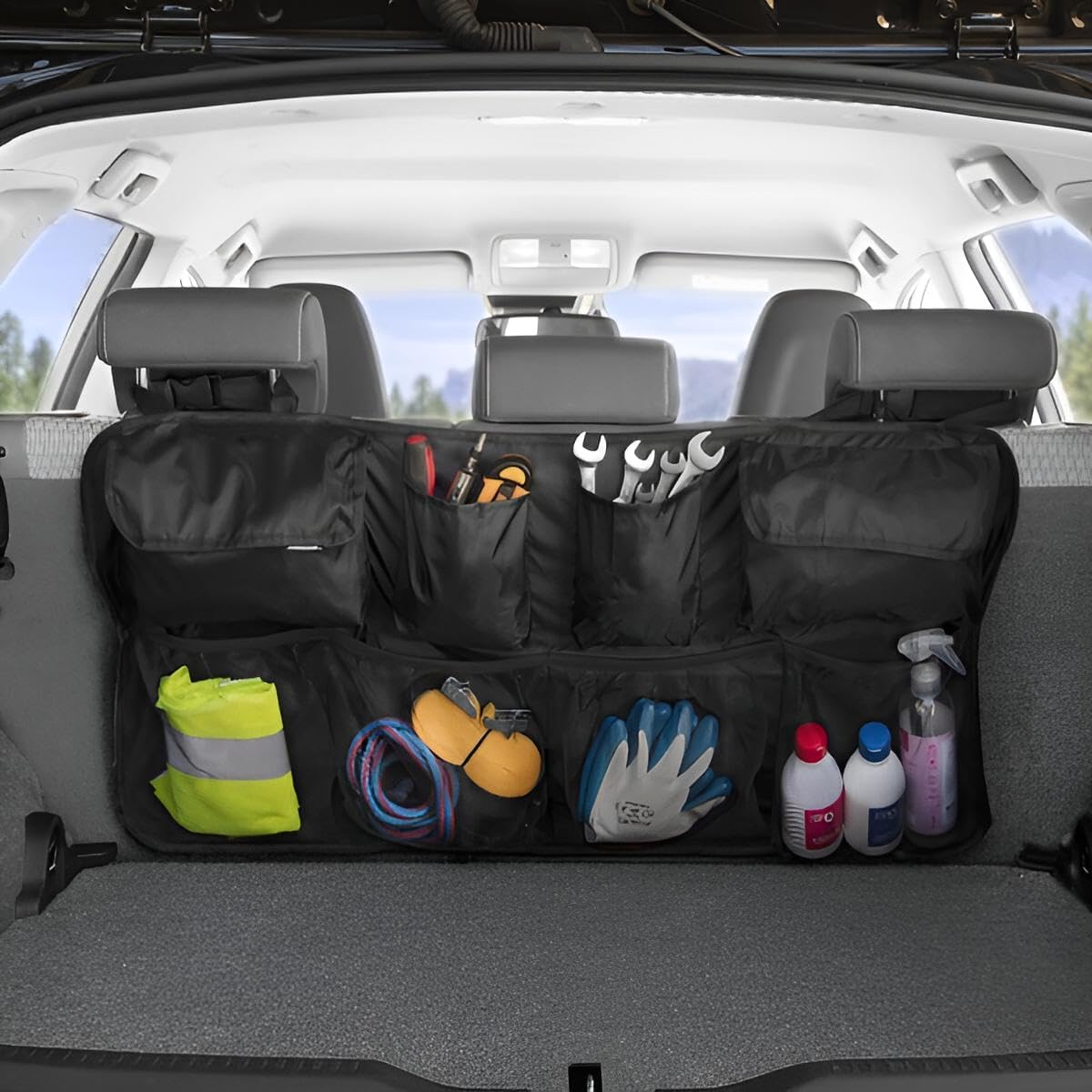 Auto Kofferraum Organizer Klett & Riemen | Kofferraumtasche mit 8 Fächern & doppeltem Halt | Autotasche wasserfest zur übersichtlichen Aufbewahrung