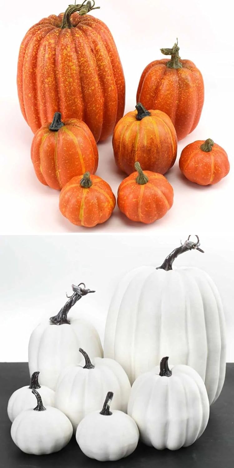 Kürbis Deko Plastik Herbst Halloween draußen & drinnen | Weiß & Orange | Set aus 7 Kürbissen groß & klein (Orange)