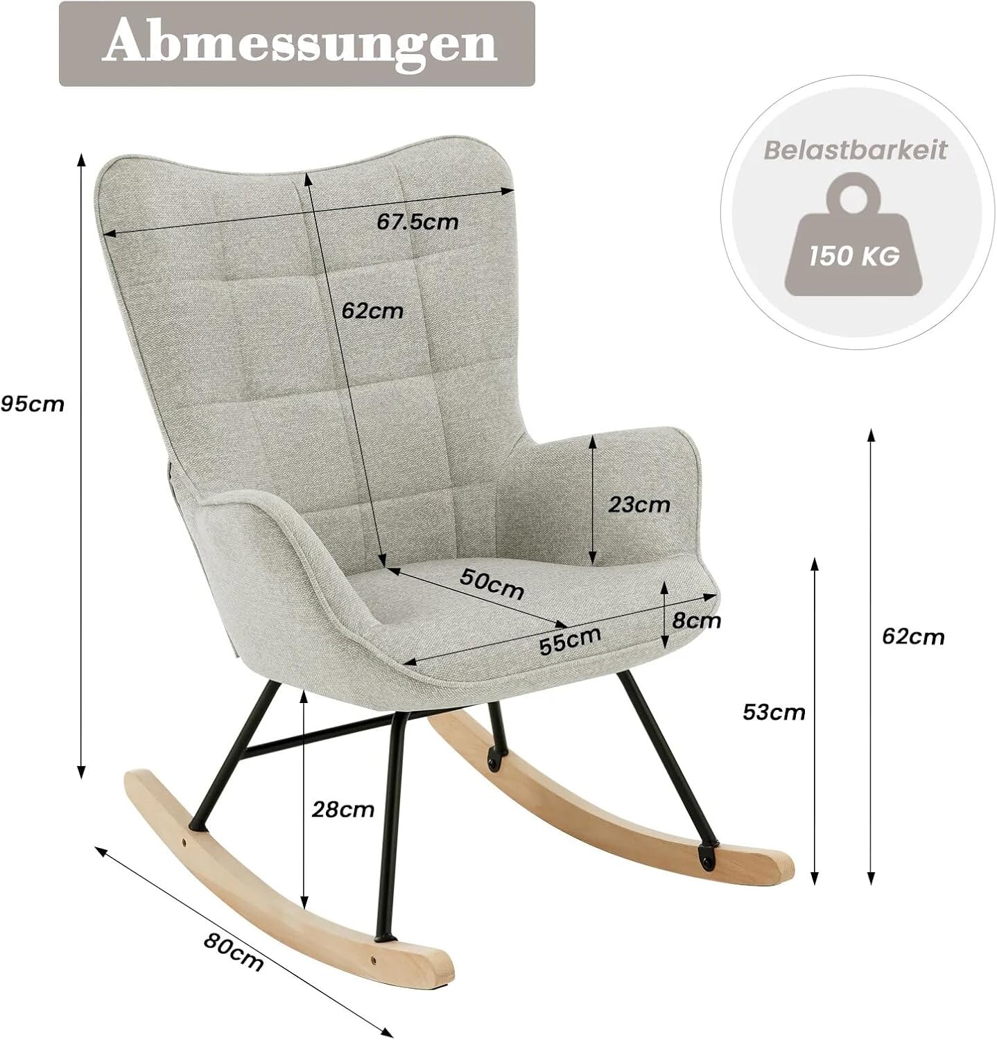 Luxus Schaukelstuhl modern grau | Wohnzimmer Schaukelsessel Stuhl 150 kg | Auch als Stillsessel geeignet