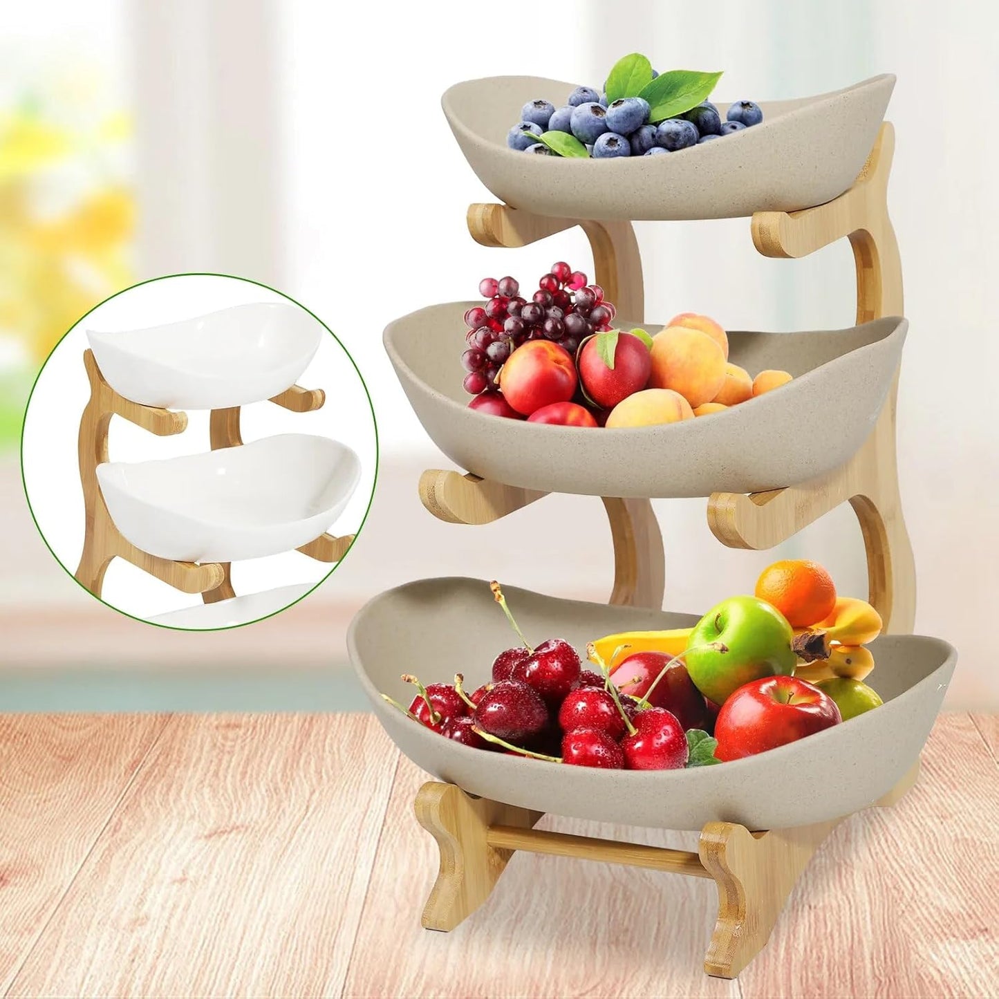 Premium Obstschale Keramik und Holz | Obst Etagere 3 stöckig | Obstkorb groß | Design-Früchteschale mehrstöckig (Weiß)
