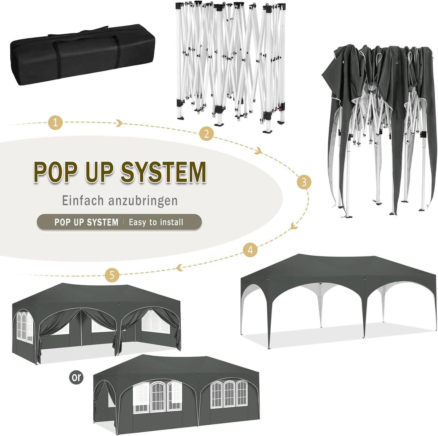 Pavillon klappbar 3x6 mit Seitenwänden/Wahlweise in Beige & Grau (Grau)