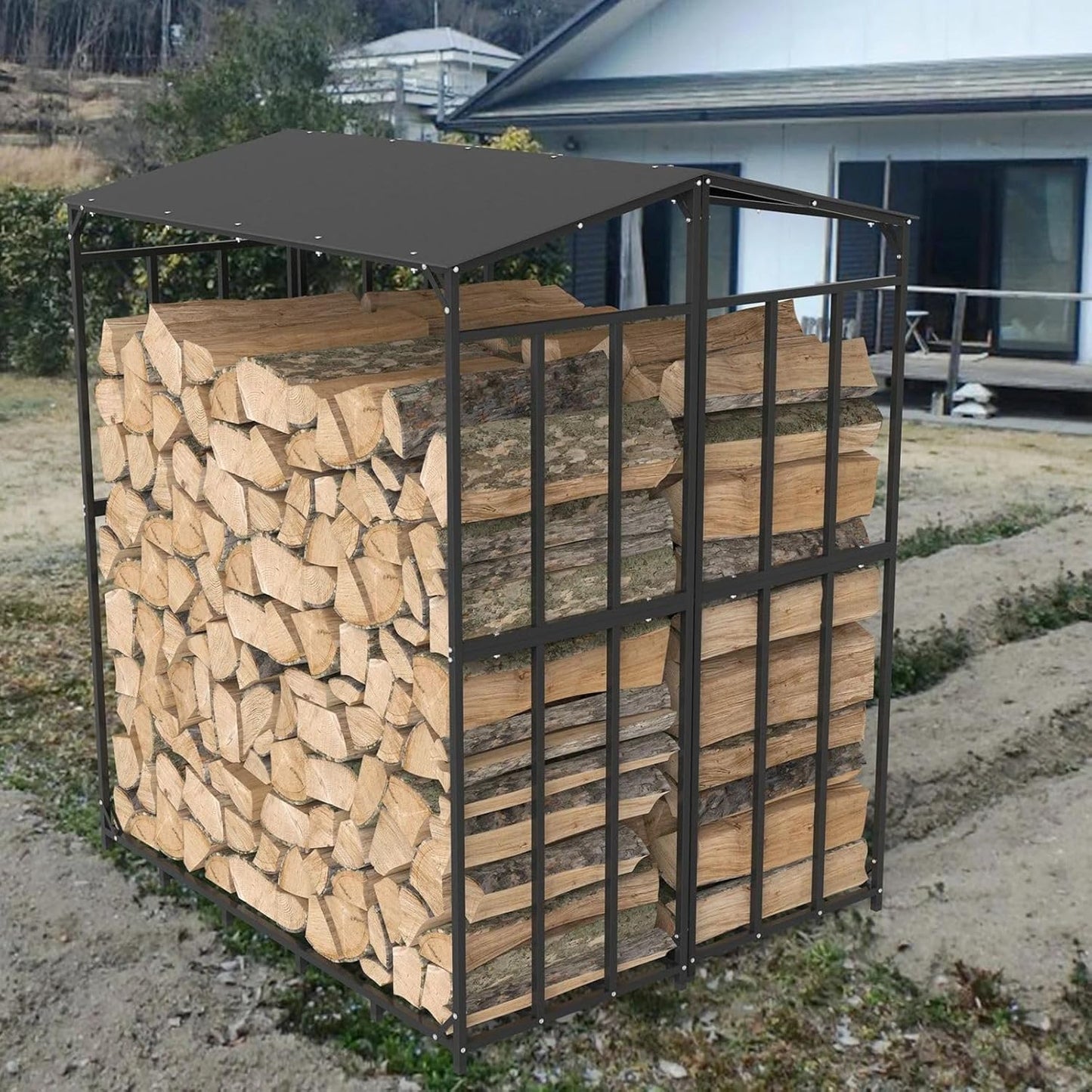 Premium Kaminholzregal aussen Metall mit Dach | Brennholzregal außen | Holzmiete für draußen modular erweiterbar