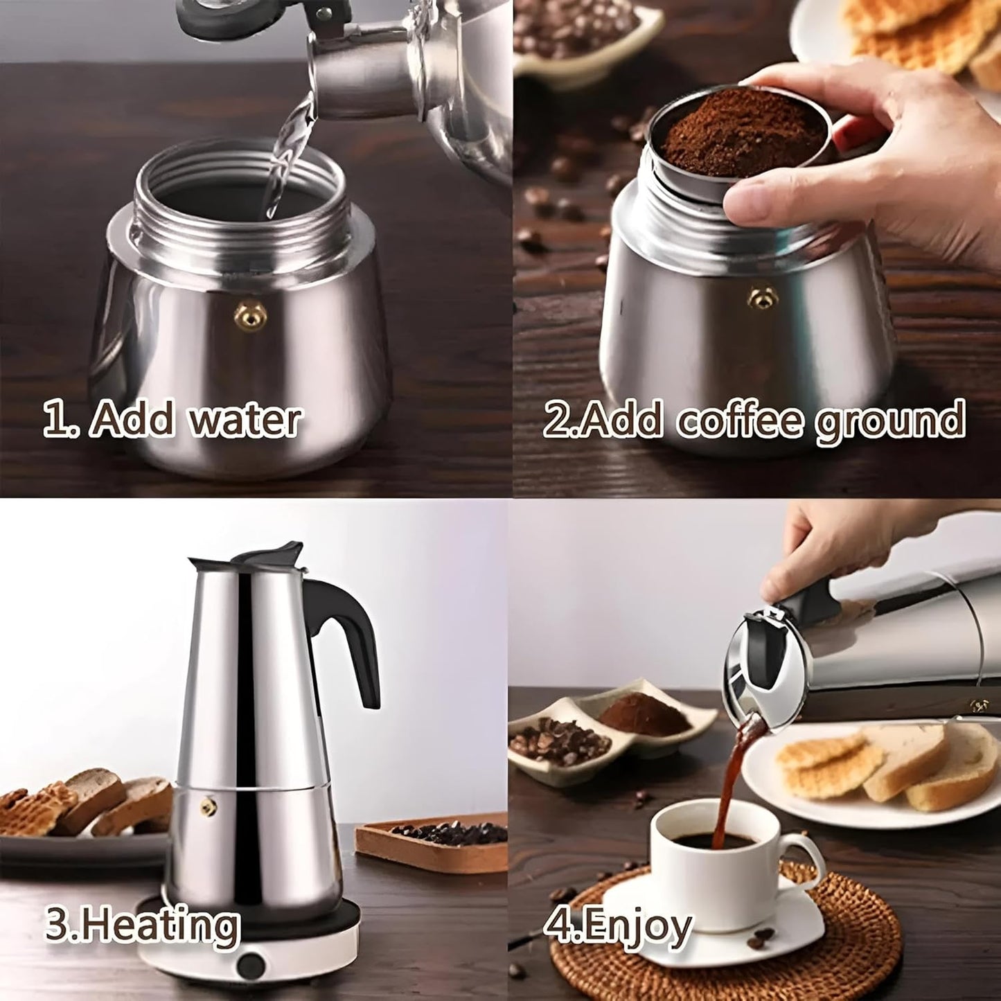 Espressokocher Induktion 2 Tassen & 8 Tassen | Espressomaschine Edelstahl 200ml & 400ml | Kaffeekocher, Kaffeebereiter, Camping Kaffeemaschine (450 ml)
