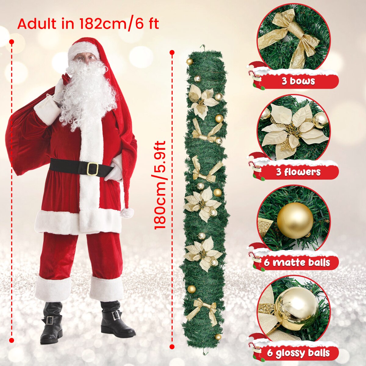 Weihnachtsgirlande 1,8 m | Weihnachtsdeko für Fenster