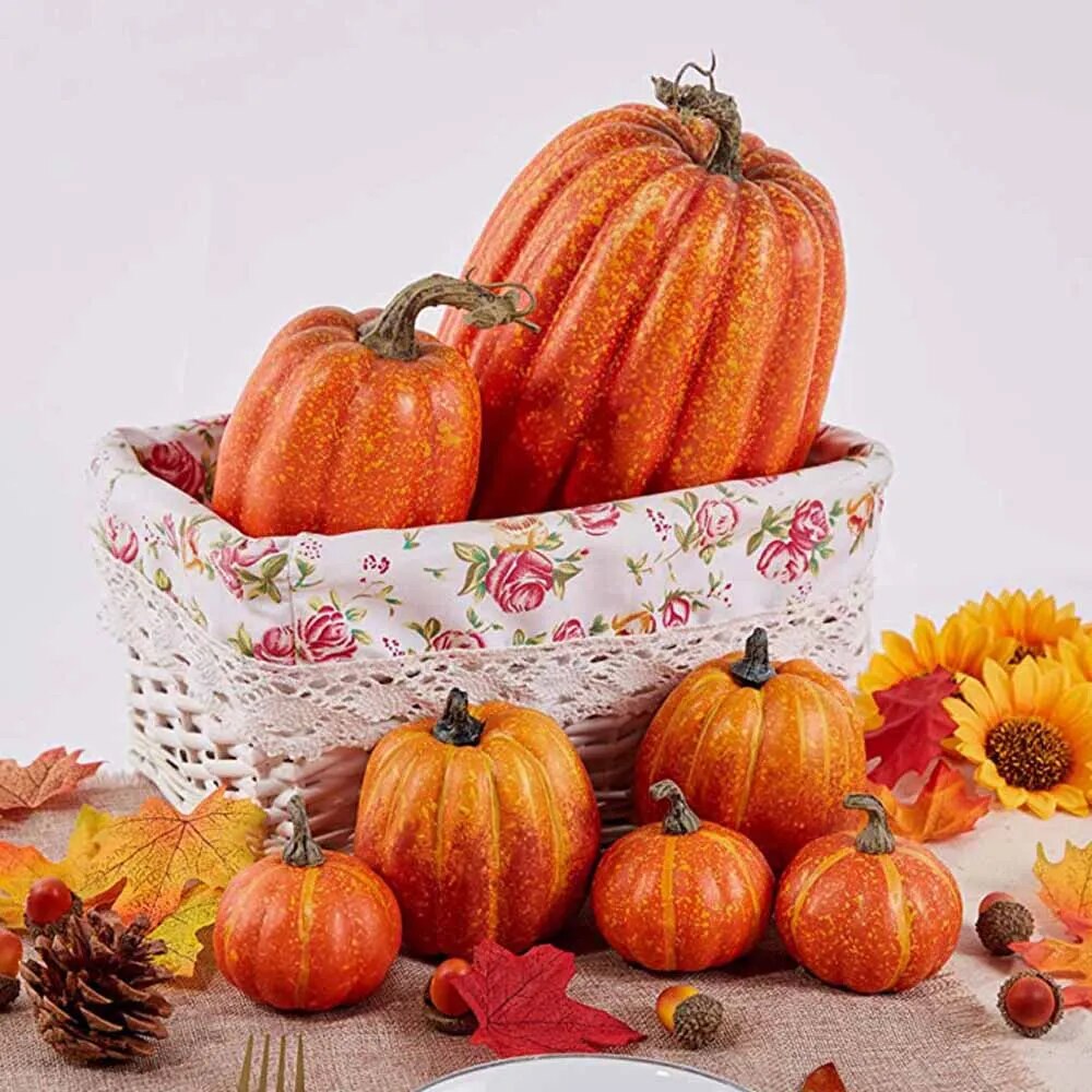 Kürbis Deko Plastik Herbst Halloween | Weiß & Orange | Set aus 7 Kürbissen groß & klein