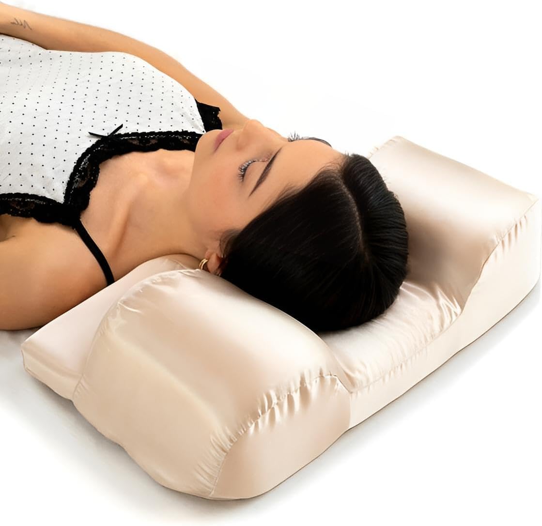 Premium Anti Falten Kissen für Rückenschläfer | Anti Aging Kopfkissen gegen Falten | Hochwertiger Satin-Bezug & Memory-Schaum | Schlafkissen & Nackenkissen in Beige