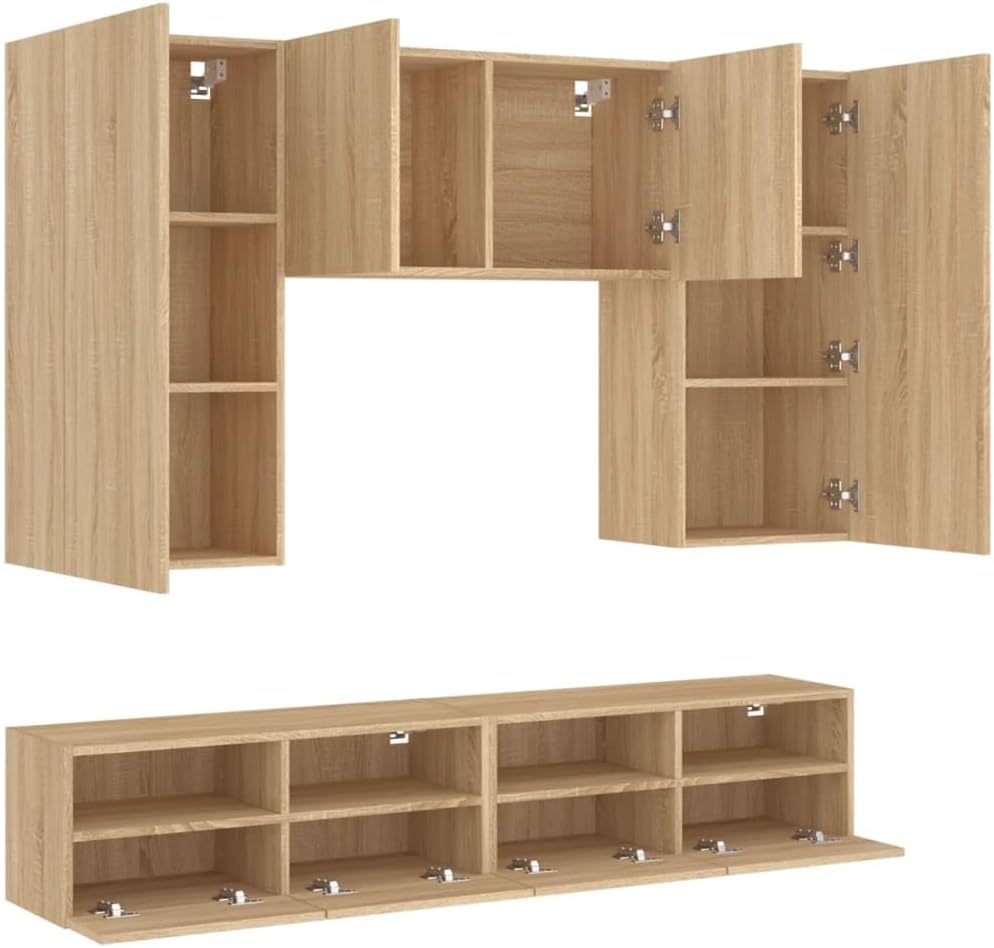 Wohnwand Wohnzimmer 5-teilig klein hängend | Wohnzimmerschrank Weiß, Schwarz, Eiche, Beton für Fernseher bis 35 Zoll | TV Wandschrank Schrankwand aus Holz Gesamtbreite 160 cm (Eiche)