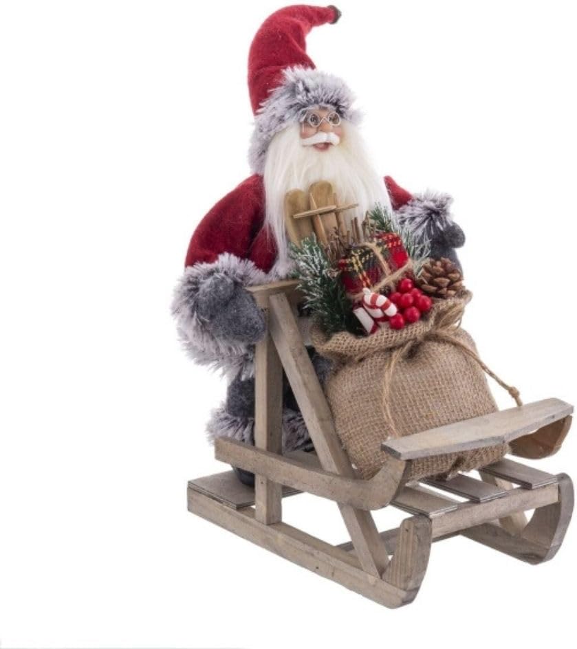 Weihnachtsmann Figur klein auf Schlitten für drinnen & draußen | Mini Santa Claus Deko 30 cm mit Geschenkbox außen & innen