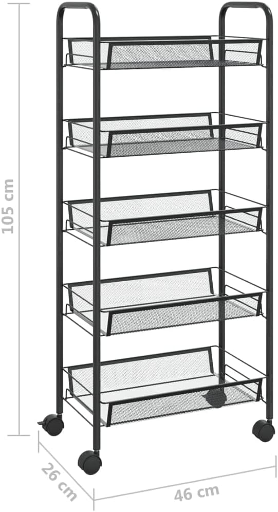 Küchenwagen auf Rollen Metall Schwarz oder Weiß | Küchenwagen Roller schmal mit 5 Etagen | Nischenwagen Bad | Rollbares Regal für Aufbewahrung & Organisation (Schwarz)