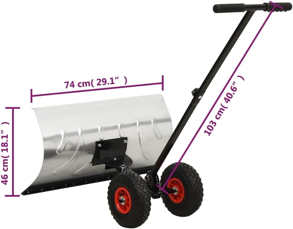 Premium Schneeschieber mit Rädern 74 cm | Schneeschaufel auf Rädern | Große, gummierte Rollen & Verstellbarer Lenker sowie Schild