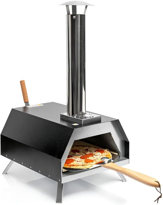Pizzaofen Outdoor für Tisch und Co. | Garten-Ofen Edelstahl für Holz-Pellets, Holzkohle oder Holzscheite | Bis 500 ºC | Spatel, Stein, Tasche inklusive