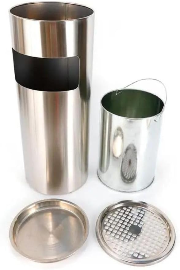 Standaschenbecher 30l Edelstahl | Mülleimer mit Aschenbecher 2-teilig draußen & drinnen | Abfalleimer in Schwarz oder Silber (Silber)