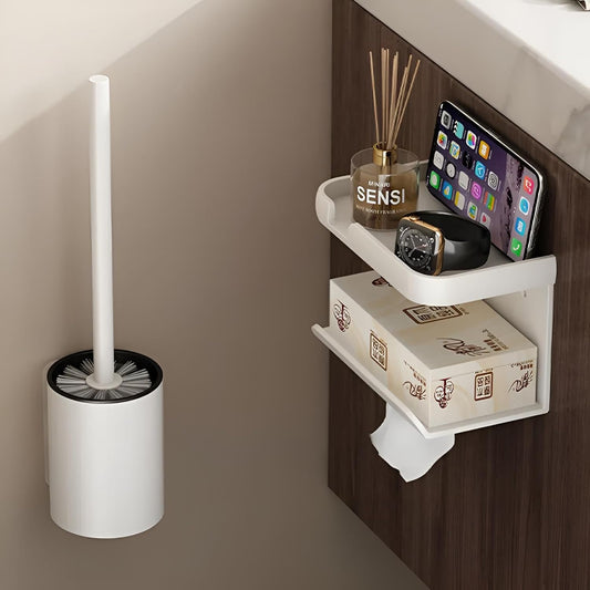 Premium Toilettenbürstenhalter Wandmontage ohne Bohren mit Bürste | WC-Bürstenhalter aus Aluminium für Wand | WC Garnitur Set zum Kleben in Schwarz/Weiß | Klobürste mit Halterung (Weiß)