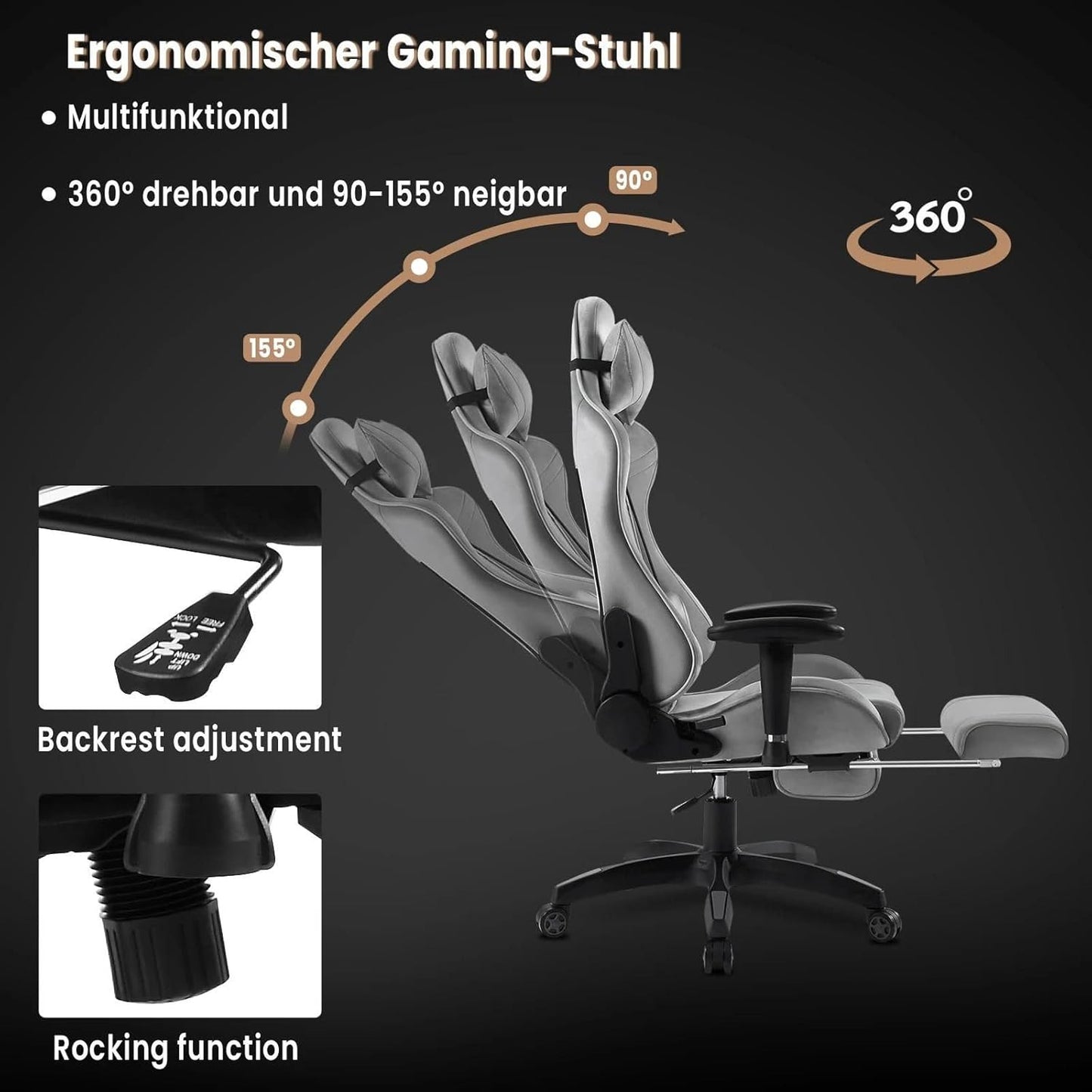 Gaming Stuhl Weiß-Grau Kunstleder und Samt-Stoff | PC-Stuhl Bürostuhl ergonomisch anpassbar | Zocker-Stuhl 150 kg Belastbarkeit