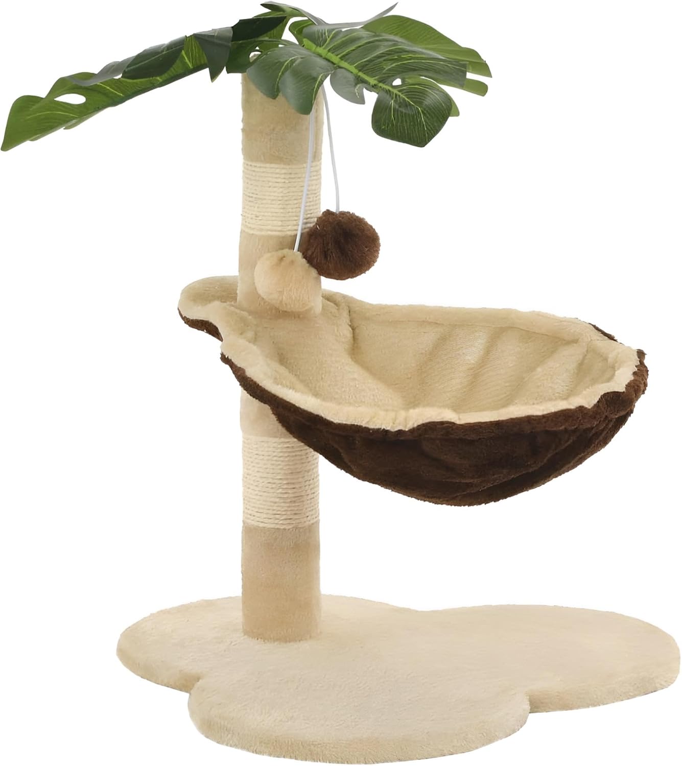 Kratzbaum Katze klein ‚Sommer-Idylle‘ aus Holz, Sisal & Polyester | Beige & Braun mit Palme | Zum Auspowern & Ruhen mit Spielzeug & Bett