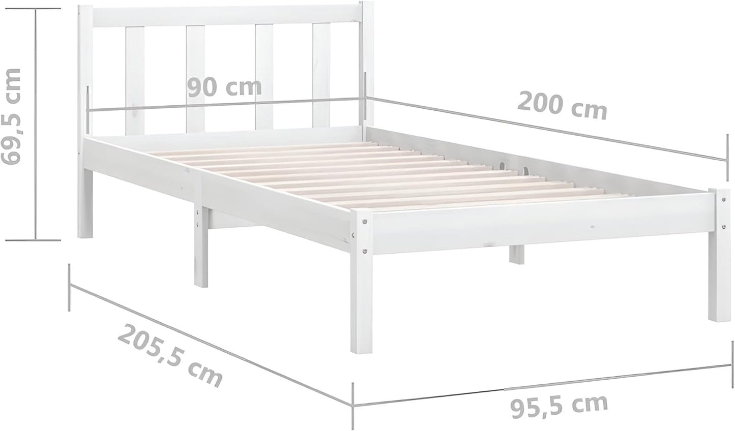 Massivholzbett 90x200 Weiß | Holzbett mit Lattenrost | Schlichtes Bett massiv in Komforthöhe mit Kopfteil