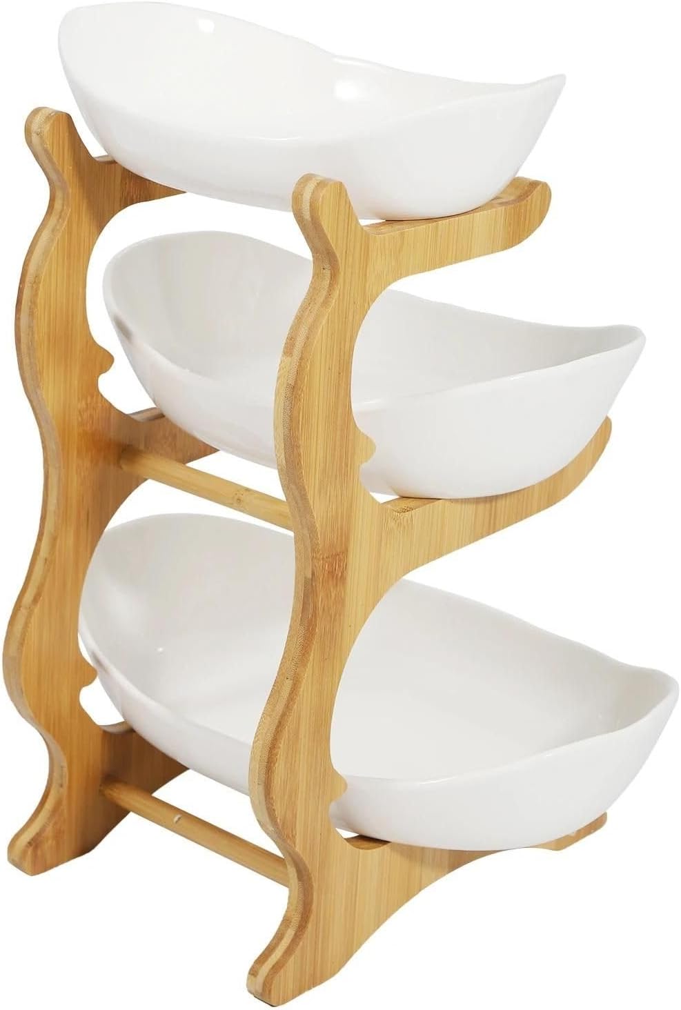 Premium Obstschale Keramik und Holz | Obst Etagere 3 stöckig | Obstkorb groß | Design-Früchteschale mehrstöckig (Braun)