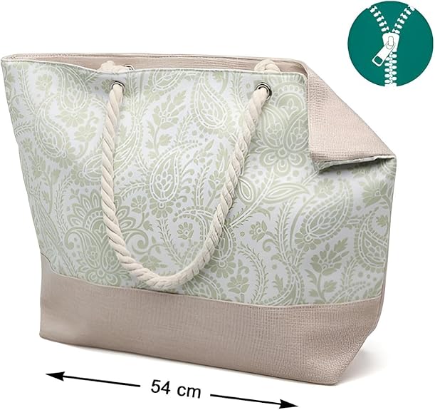 Premium Handtasche Strand Damen mit Reißverschluss | Strandtasche klein/mittelgroß verschiedene Motive | Große Tasche für Familie | Urlaubstasche (Paisley-Grün)