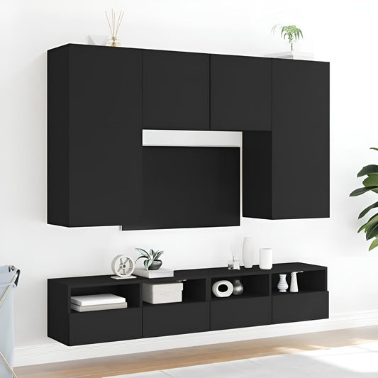 Wohnwand Wohnzimmer 5-teilig klein hängend | Wohnzimmerschrank Weiß, Schwarz, Eiche, Beton für Fernseher bis 35 Zoll | TV Wandschrank Schrankwand aus Holz Gesamtbreite 160 cm (Schwarz)