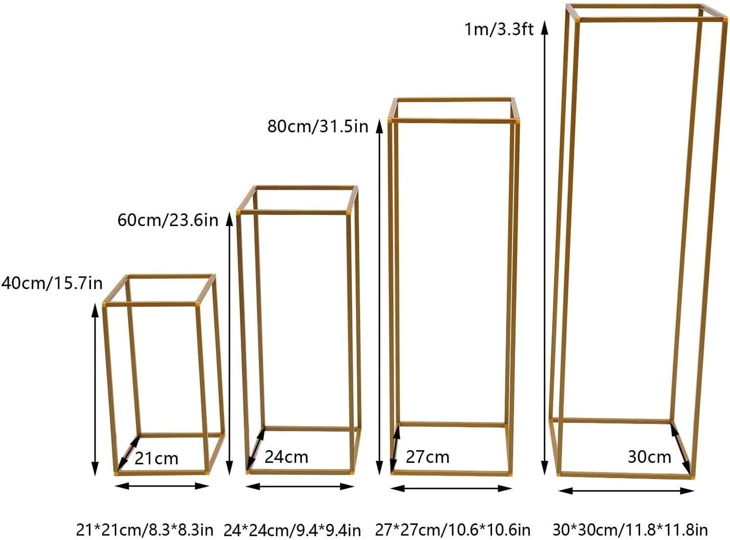 Blumenständer Hochzeit Gold | Blumensäule 40, 60, 80, 100 cm hoch | Metall-Pflanzenständer modern eckig (10x (80 cm))