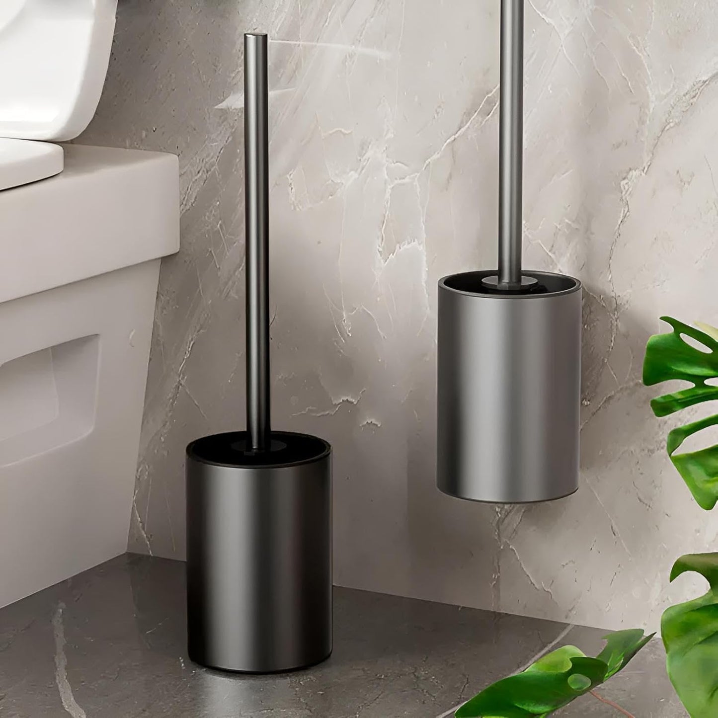 Premium Toilettenbürstenhalter Wandmontage ohne Bohren mit Bürste | WC-Bürstenhalter aus Aluminium für Wand | WC Garnitur Set zum Kleben in Schwarz/Weiß | Klobürste mit Halterung (Grau)