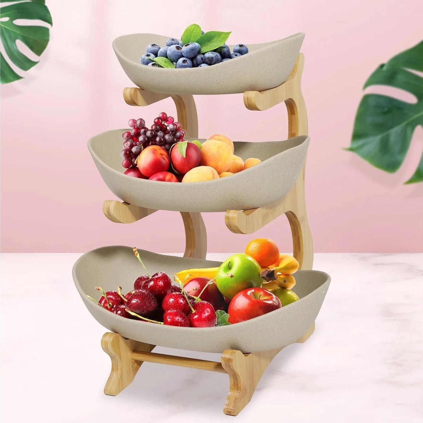 Premium Obstschale Keramik und Holz | Obst Etagere 3 stöckig | Obstkorb groß | Design-Früchteschale mehrstöckig (Braun)