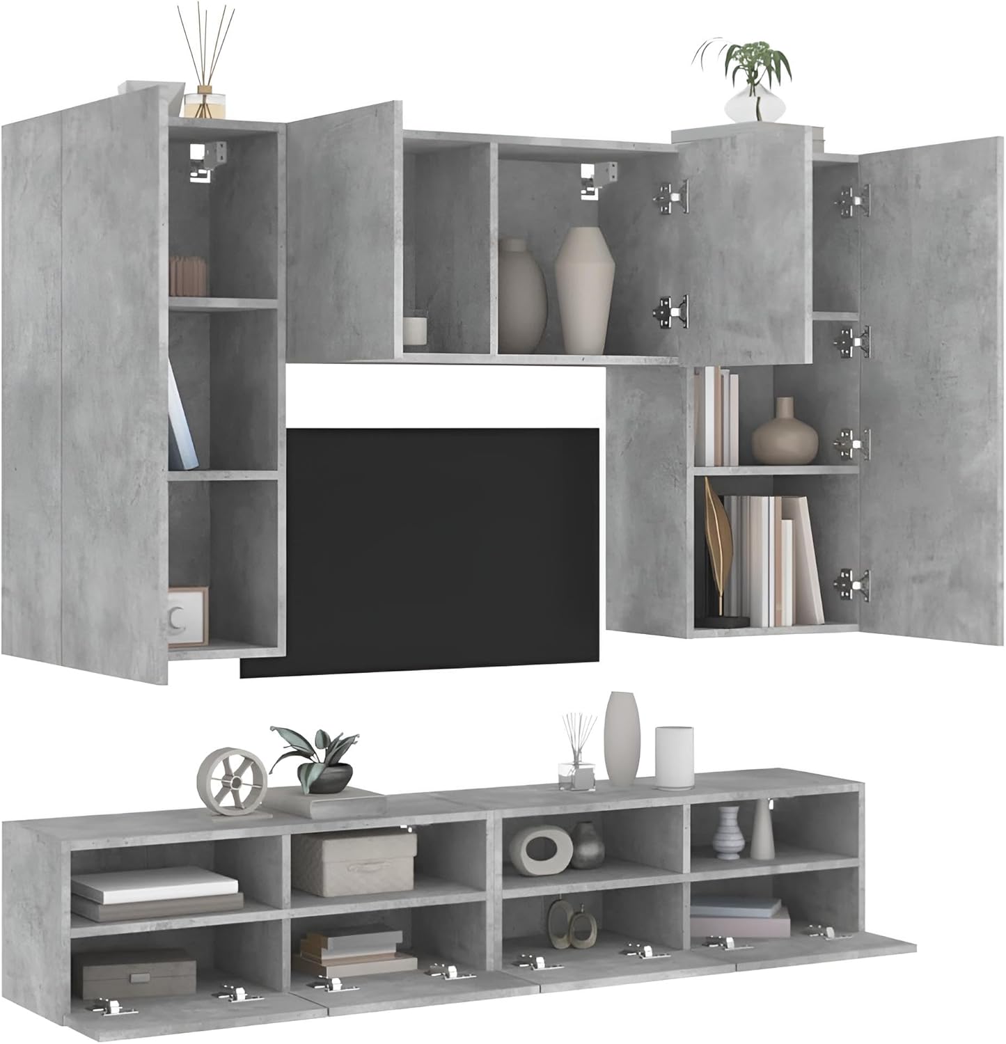 Wohnwand Wohnzimmer 5-teilig klein hängend | Wohnzimmerschrank Weiß, Schwarz, Eiche, Beton für Fernseher bis 35 Zoll | TV Wandschrank Schrankwand aus Holz Gesamtbreite 160 cm (Beton)