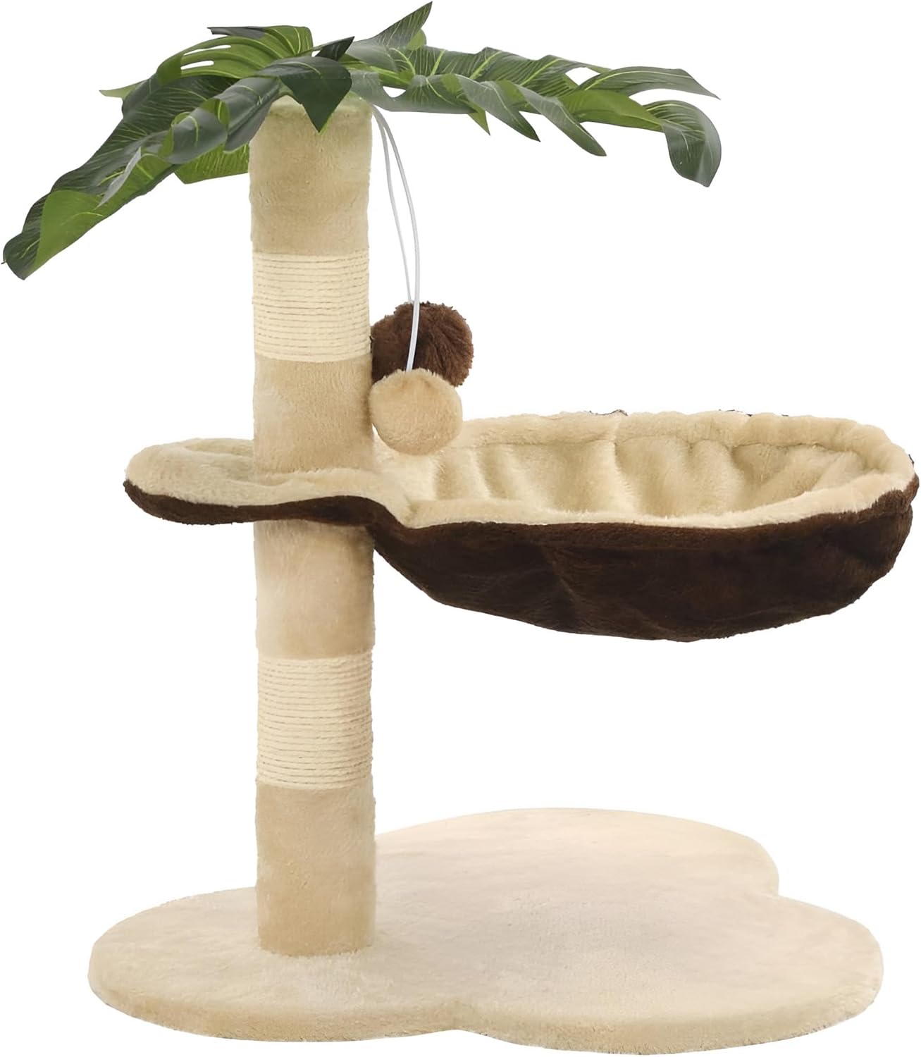 Kratzbaum Katze klein ‚Sommer-Idylle‘ aus Holz, Sisal & Polyester | Beige & Braun mit Palme | Zum Auspowern & Ruhen mit Spielzeug & Bett