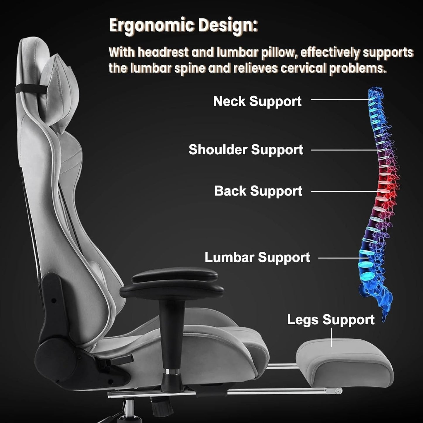 Gaming Stuhl Weiß-Grau Kunstleder und Samt-Stoff | PC-Stuhl Bürostuhl ergonomisch anpassbar | Zocker-Stuhl 150 kg Belastbarkeit