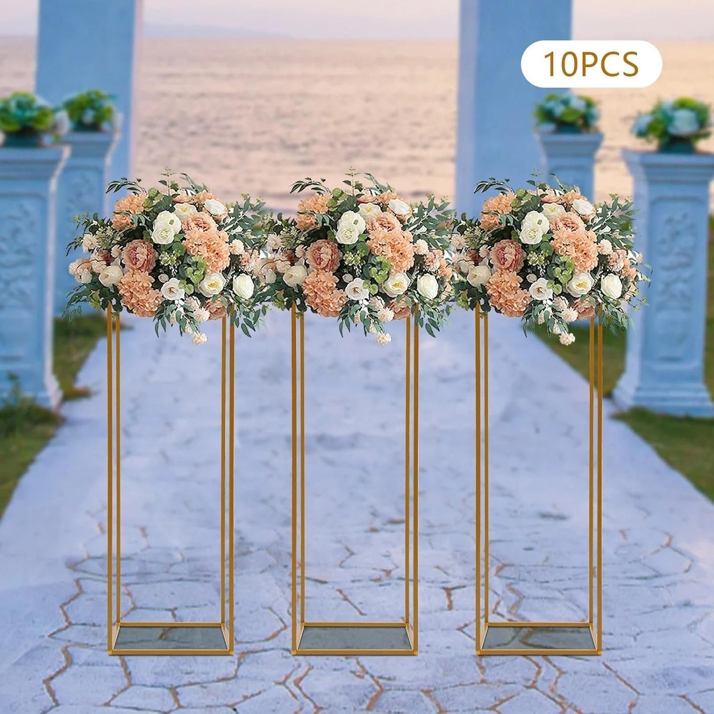 Blumenständer Hochzeit Gold | Blumensäule 40, 60, 80, 100 cm hoch | Metall-Pflanzenständer modern eckig (10x (80 cm))