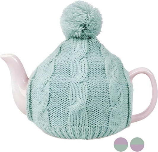 Premium Teekanne Porzellan bunt mit Teemütze 600 ml | Rosa-Kanne & Grüne Mütze oder umgekehrt (Rosa Kanne)