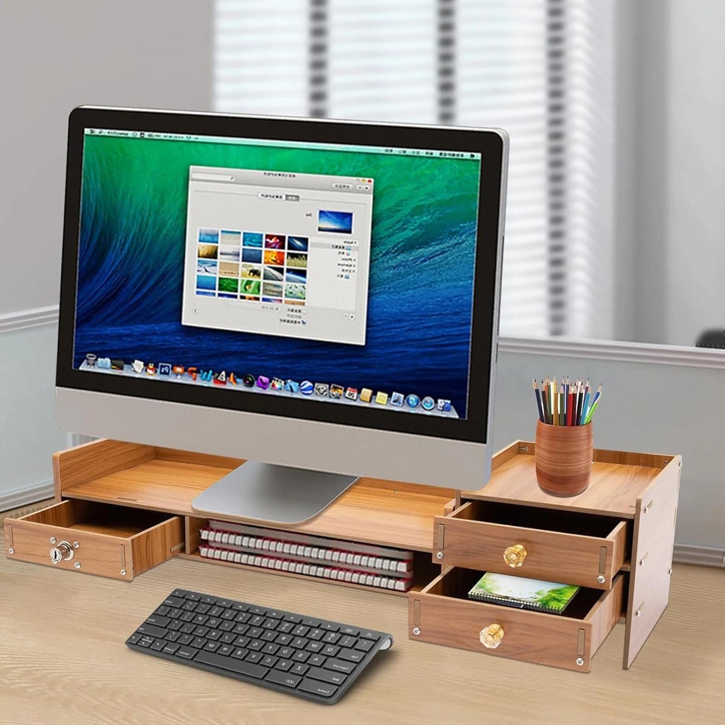 Desktop Organizer aus Holz für Monitor, Laptop & mehr | Mit Schubladen und Regal-Flächen