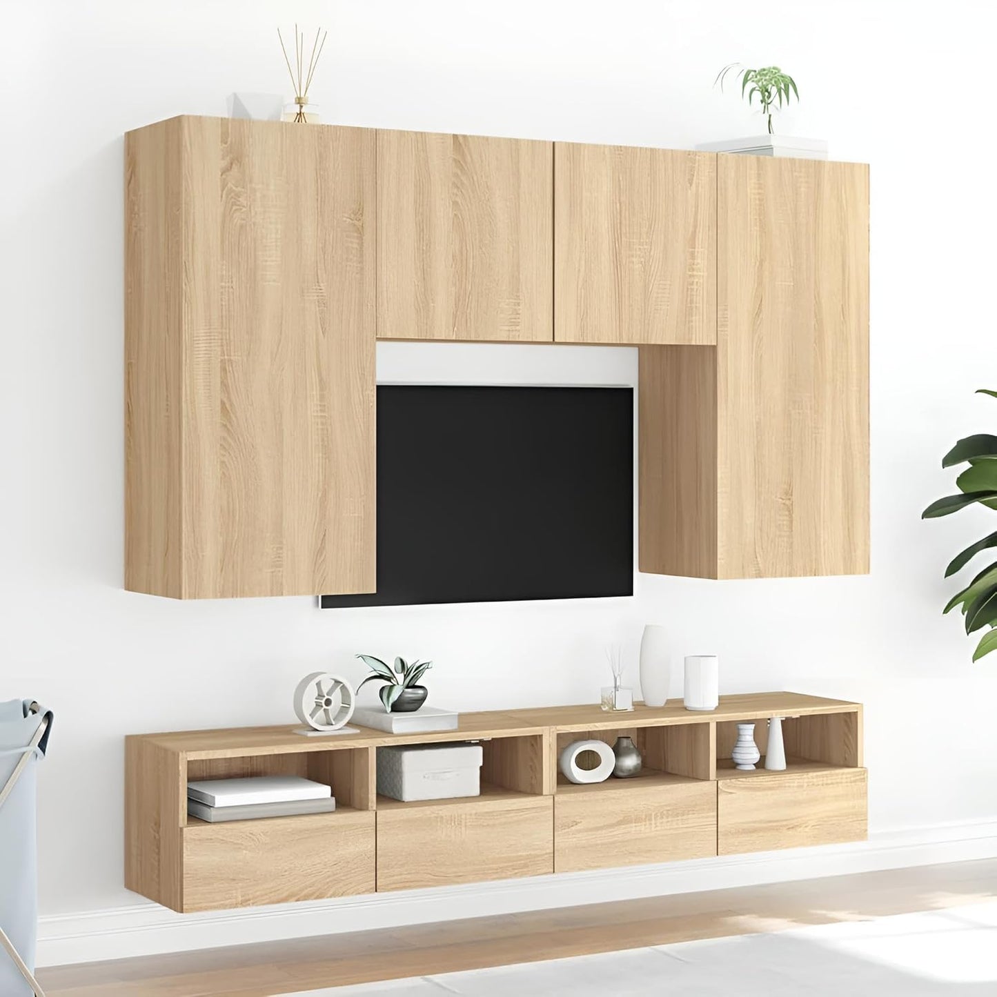 Wohnwand Wohnzimmer 5-teilig klein hängend | Wohnzimmerschrank Weiß, Schwarz, Eiche, Beton für Fernseher bis 35 Zoll | TV Wandschrank Schrankwand aus Holz Gesamtbreite 160 cm (Eiche)