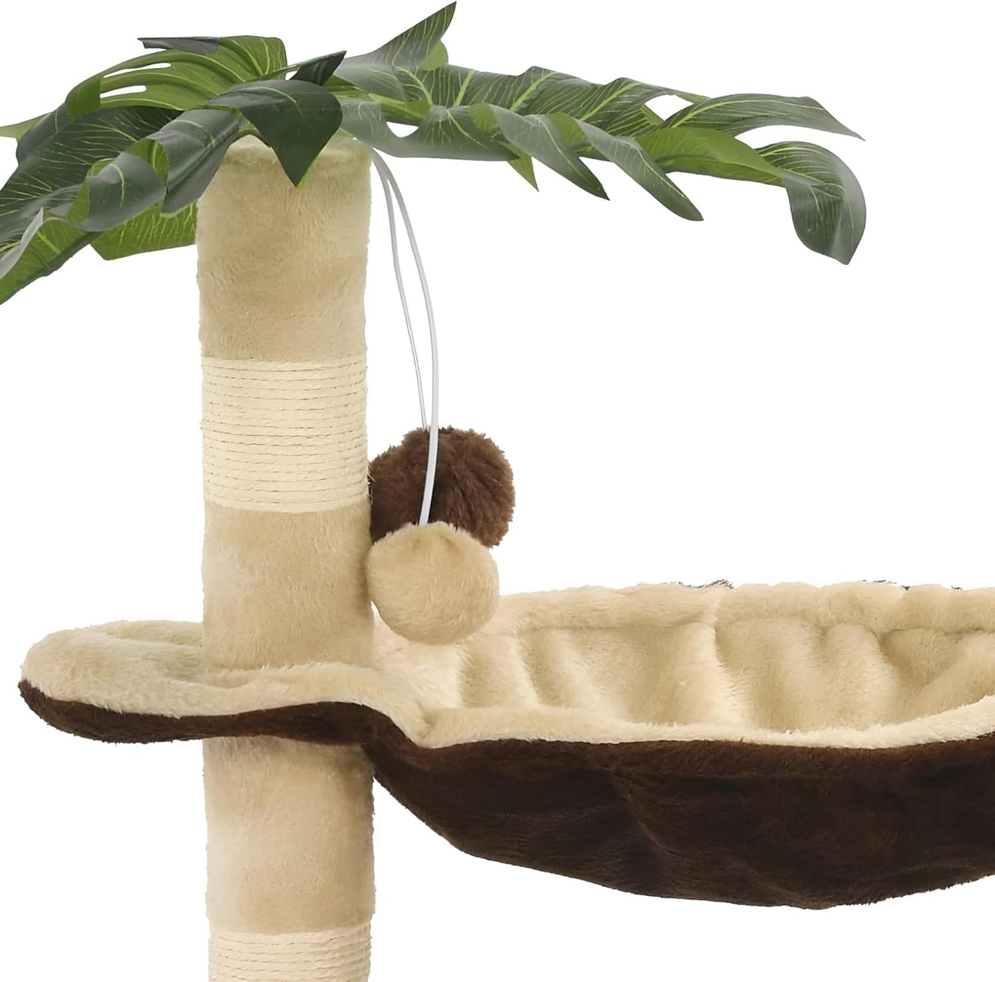 Kratzbaum Katze klein ‚Sommer-Idylle‘ aus Holz, Sisal & Polyester | Beige & Braun mit Palme | Zum Auspowern & Ruhen mit Spielzeug & Bett