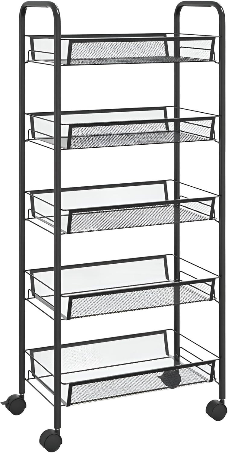 Küchenwagen auf Rollen Metall Schwarz oder Weiß | Küchenwagen Roller schmal mit 5 Etagen | Nischenwagen Bad | Rollbares Regal für Aufbewahrung & Organisation (Schwarz)