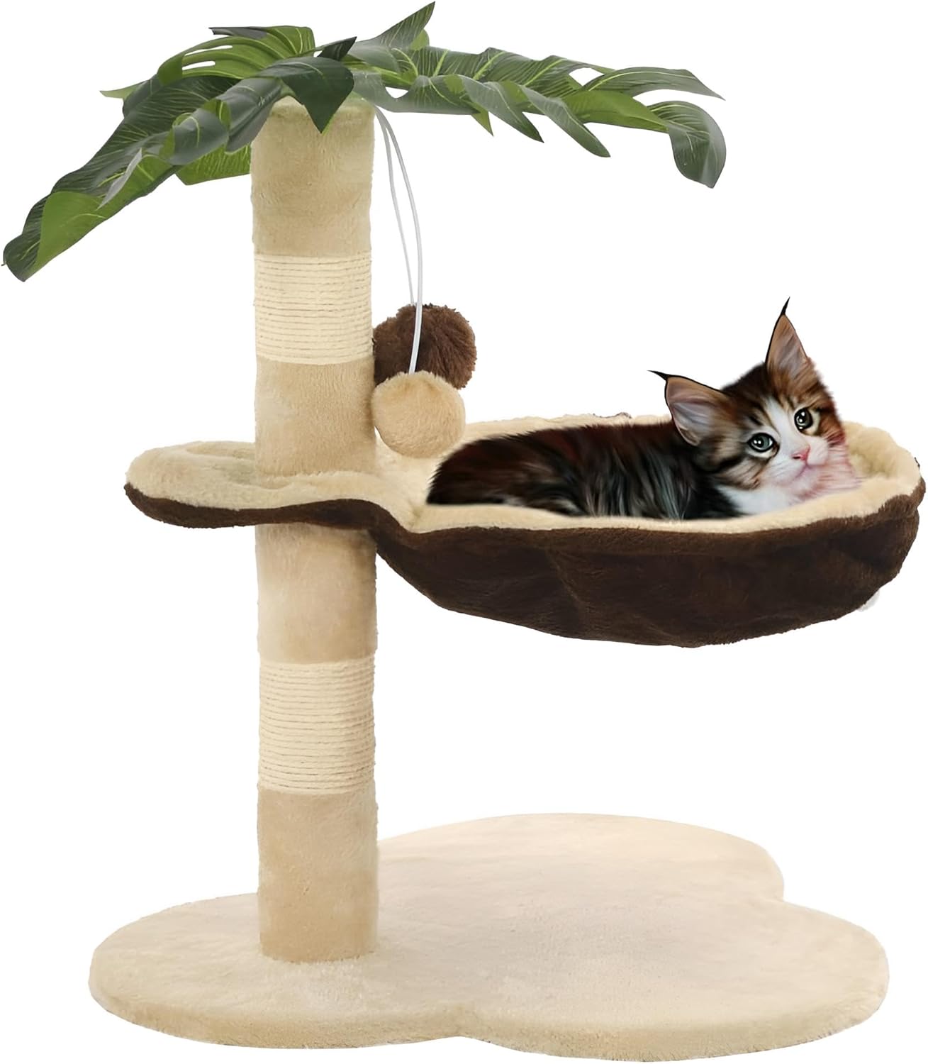 Kratzbaum Katze klein ‚Sommer-Idylle‘ aus Holz, Sisal & Polyester | Beige & Braun mit Palme | Zum Auspowern & Ruhen mit Spielzeug & Bett