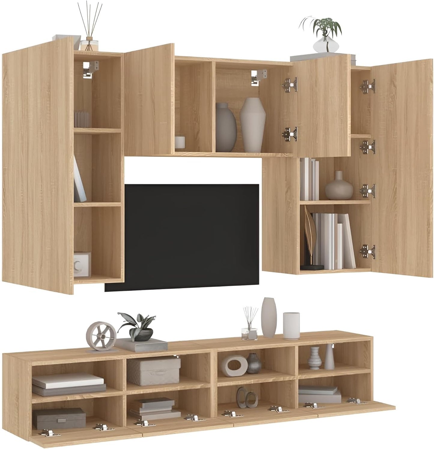 Wohnwand Wohnzimmer 5-teilig klein hängend | Wohnzimmerschrank Weiß, Schwarz, Eiche, Beton für Fernseher bis 35 Zoll | TV Wandschrank Schrankwand aus Holz Gesamtbreite 160 cm (Eiche)