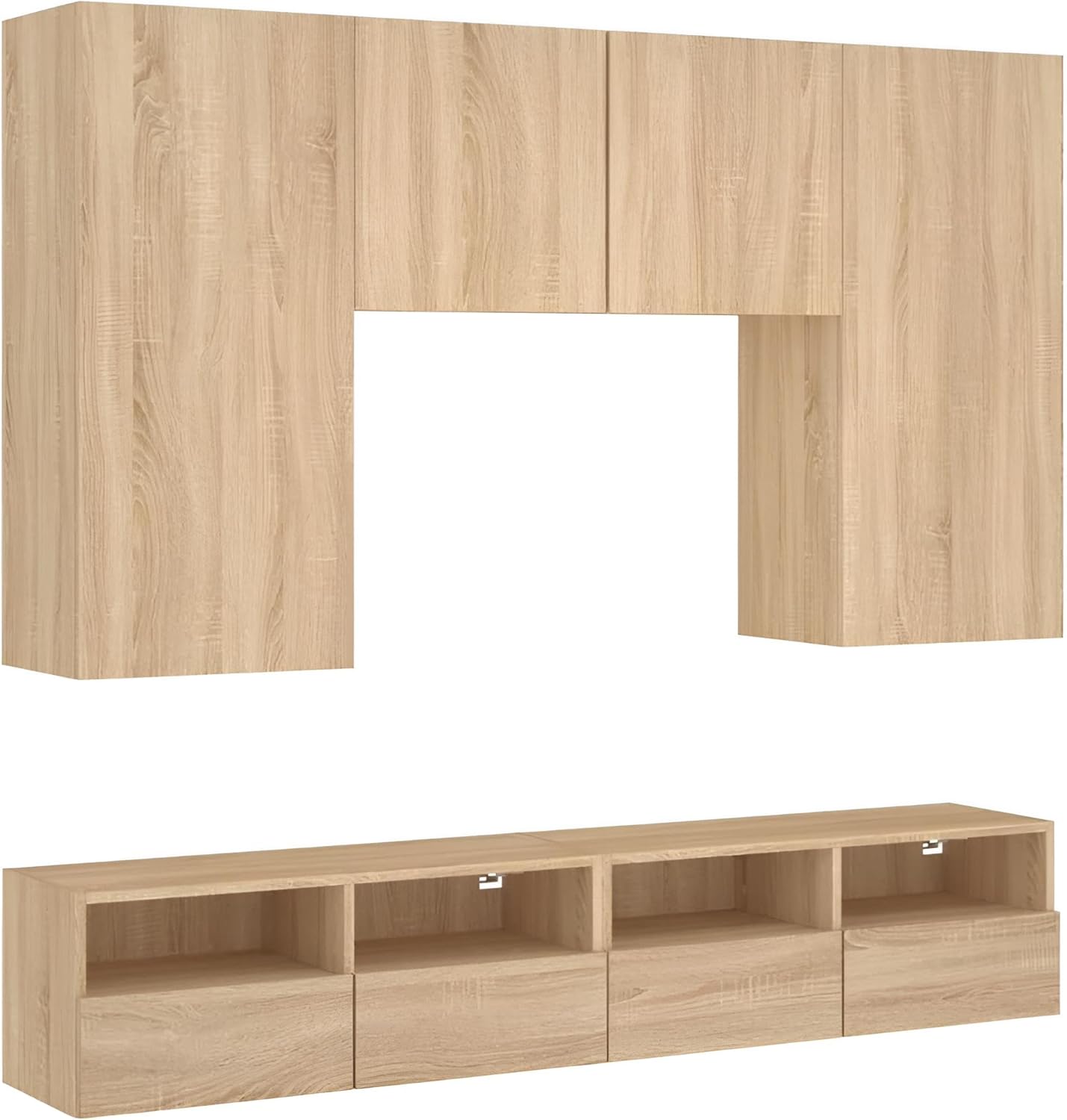 Wohnwand Wohnzimmer 5-teilig klein hängend | Wohnzimmerschrank Weiß, Schwarz, Eiche, Beton für Fernseher bis 35 Zoll | TV Wandschrank Schrankwand aus Holz Gesamtbreite 160 cm (Eiche)