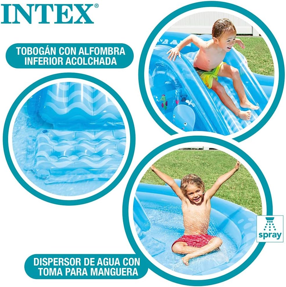 Intex Wasserspielzentrum, 373x234x99 cm, 235 Liter, 81 kg, gepolsterter Boden, Schwimmbad mit Rutsche, mit Sprühgerät, Kinderpool